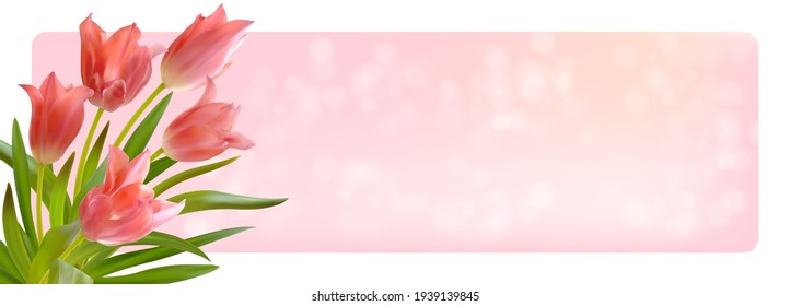 Bouquet of realistic tulips on a pink background. Composition of pink tulips buds. Template for invitation card, banner, poster with spring flowers. Vector illustration