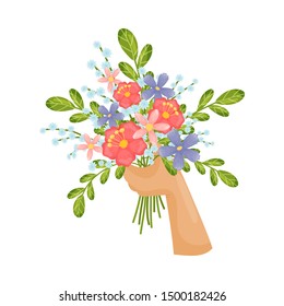 Bouquet of red and blue flowers. Vector illustration on a white background.