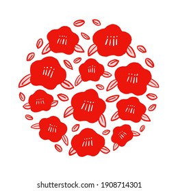 Bouquet of Red Camellia Japonica flowers and leaves vector illustration on white background.