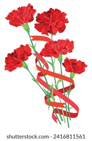 Bouquet of red carnations with festive ribbons on a white background. Vector flowers for greeting cards for Valentine's Day, Mother's Day. A gift for Parents' Day 2024 as a token of love and gratitude