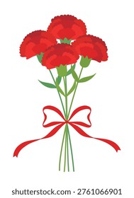 Bouquet of red carnations with a red ribbon bow. Flat vector illustration of blooming flowers for Mother's Day, Teacher's Day, and Parent's Day celebration on white background.