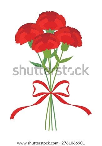 Bouquet of red carnations with a red ribbon bow. Flat vector illustration of blooming flowers for Mother's Day, Teacher's Day, and Parent's Day celebration on white background.