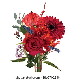 Bouquet of red christmas flowers and berries. Summer bouquet set isolated, woman flowers gift.