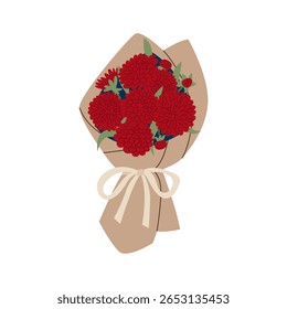 Bouquet with red dahlias in kraft paper with bow. Vector flat illustration of flower bouquet. Floral clipart perfect for holiday greeting cards and invitations