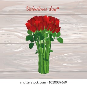 Bouquet of red flowers. Roses tied with a rope. Greeting card for Valentine's Day wedding and birthday. Empty space for your text or advertisement. Vector illustration on a wooden background.