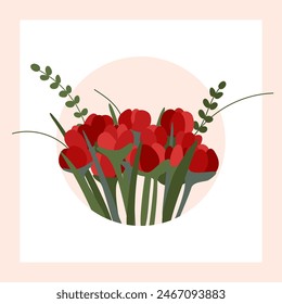 Bouquet of Red Flowers. Spring and summer Background with red flowers. Botanical illustration minimal style. Happy Mother’s day. International Woman's Day, Birthday. Flat isolated illustration
