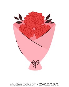 Buquê de flores vermelhas para o Dia dos Namorados.  Ilustração de vetor plano.