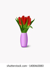  Bouquet of red flowers in vase. Realistic tulips. vector illustration