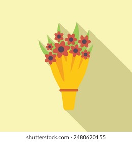 Bouquet of red flowers wrapped in yellow paper, representing love and affection