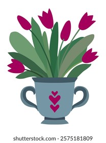 Bouquet of red fresh tulips in a blue porcelain vase. Greeting card for Valentine's Day. Vector illustration in flat style.