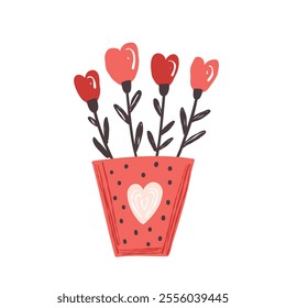 Bouquet of red hearts in a vase, flat vector illustration on white background