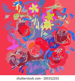 Bouquet of red peonies and watershed on a bright red background.