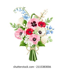 Bouquet of red, pink, blue, and white poppy, bluebell, and lily of the valley flowers isolated on a white background. Vector illustration.