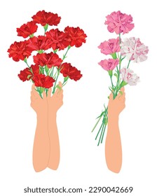 Bouquet of red and pink carnations in hands. Postcard for Mother's Day or Parents' Day. Flowers as a gift to beloved parents as a sign of respect and gratitude. Thank you dear person.