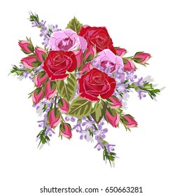 Bouquet of red and pink roses. Decor elements for greeting cards, wedding invitations, birthday and other celebrations. Isolated on white background.