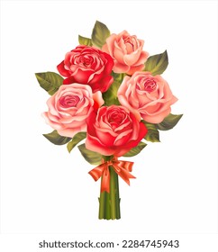 Bouquet of red and pink roses on white. Vector illustration.