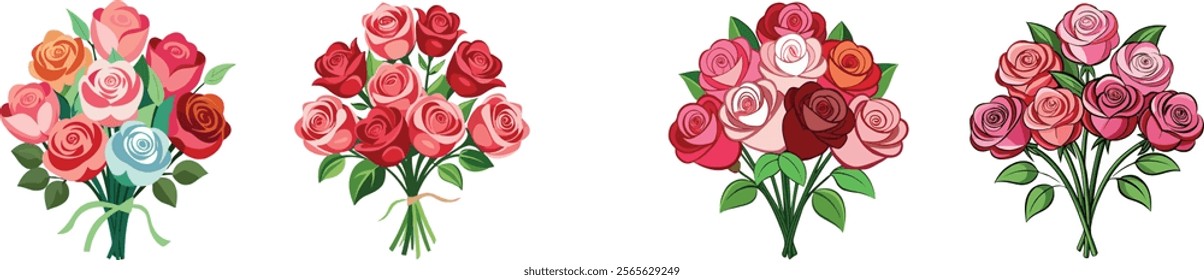 Bouquet of red and pink roses on white background.