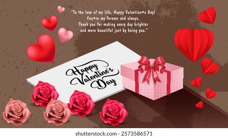 A bouquet of red and pink roses symbolizes love and romance A pink gift box with a white ribbon scattered hearts and a romantic message create a festive atmosphere Happy Valentine's Day is written