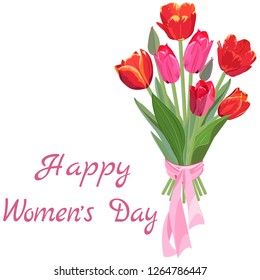 Bouquet of red and pink tulips, tied with a ribbon and congratulations on Women's day