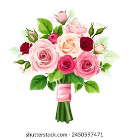 Bouquet of red, pink, and white rose flowers and green leaves isolated on a white background. Vector illustration. Hand-drawn illustration, not AI