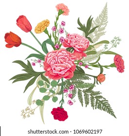 Bouquet of red, pink, yellow flowers and greenery: carnation, peony, tulip, leaves fern, eucalyptus on white background, hand draw, engraving vintage sketch style, botanical vector