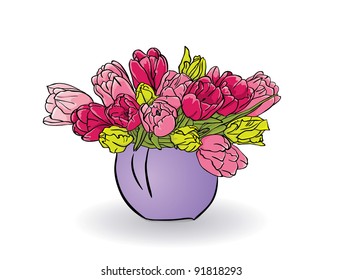 Bouquet of red, pink and yellow tulips isolated on white background, vector