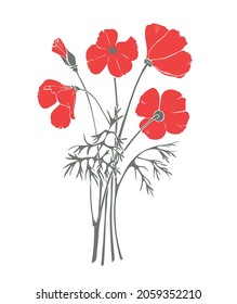 Bouquet de amapolas rojas. Ilustración vectorial estilizada de flores.