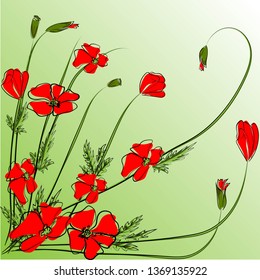 Bouquet red poppies. Vector bouquet made in the style of hand drawing. Poppies, buds, grass - use for summer design, memorial day