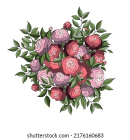 Bouquet Of Red And Purple Roses And Green Leaves. Isolated Object On A White Background. Element For Design Invitation, Greeting Card, Visit Card.
