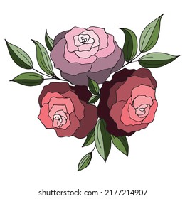 Bouquet Of Red And Purple Roses And Green Leaves. Isolated Object On A White Background. Element For Design Invitation, Greeting Card, Visit Card.
