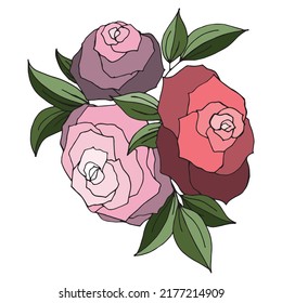 Bouquet Of Red And Purple Roses And Green Leaves. Isolated Object On A White Background. Element For Design Invitation, Greeting Card, Visit Card.
