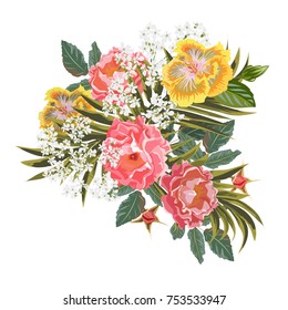 Bouquet of red rose and yellow hibiscuses. Decor elements for greeting cards, wedding invitations, birthday and other celebrations. Isolated on white background.
