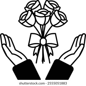 A bouquet of red roses is being held by two hands symbolizing love