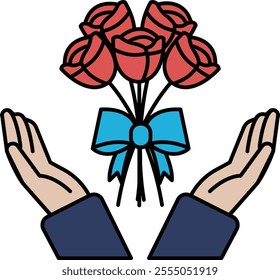 A bouquet of red roses is being held by two hands, symbolizing love and affection. Concept of warmth and tenderness, as the roses are a classic symbol of romance and devotion