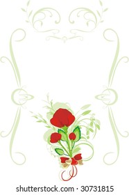 Bouquet of red roses and bow with hearts. Frame. Vector
