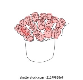 Bouquet de rosas rojas en un cuadro de línea continua de caja. Una línea de arte de la decoración, flores, rosas, flores de jardín, ramo, floristería, romance, regalo, relación, amor, peonías, dahlias, claveles.