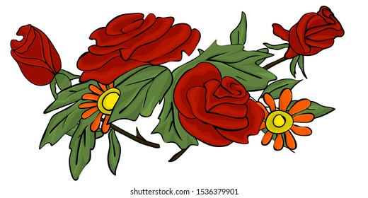 A bouquet of red roses with daisies and green leaves. Botanical flower ornament for design. Vector image roses for greeting cards on Valentine's Day.