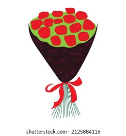 Bouquet de rosas rojas en una envoltura oscura. Diseño para decoración, felicitaciones, regalo para el 8 de marzo, cumpleaños, postal, impresión en ropa, impresión en papel envolvente. Ilustración aislada del vector