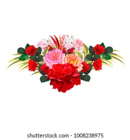 Bouquet of red roses. Decor elements for greeting cards, wedding invitations, birthday and other celebrations. Isolated on white background.  