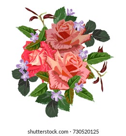 Bouquet of red roses. Decor elements for greeting cards, wedding invitations, birthday and other celebrations. Isolated on white background.