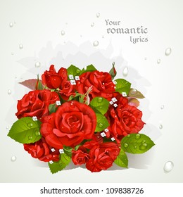 Bouquet of red roses with drops of dew. Romantic banner