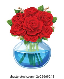 Bouquet of red roses in a glass vase with water and green leaves. Vector cartoon illustration