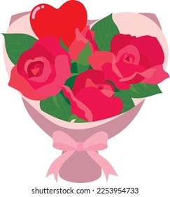 Bouquet of red roses with heart balloons