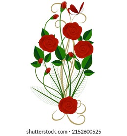 Bouquet of red roses with leaves and a butterfly on a white background.