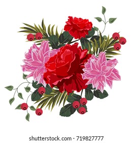 Bouquet of red roses, lilies and berries. Decor elements for greeting cards, wedding invitations, birthday and other celebrations. Isolated on white background.