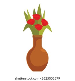 Bouquet of red roses with long stems standing in a clay vase