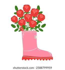 Bouquet of red roses in a pink rubber boot with a red sole for spring rain