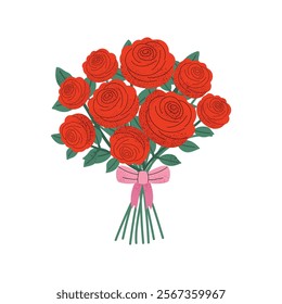 Bouquet of red roses tied with a pink ribbon. Great for Valentine's Day, weddings, romantic events, and festive designs. Flat vector illustration isolated on white background.