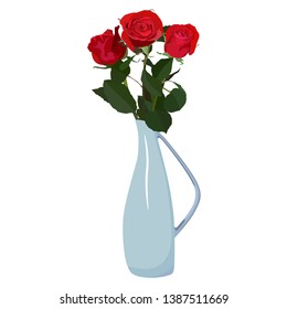 Bouquet of red roses in vase, vector flat isolated illustration. Beautiful flowers for greeting card, invitation, poster, banner.