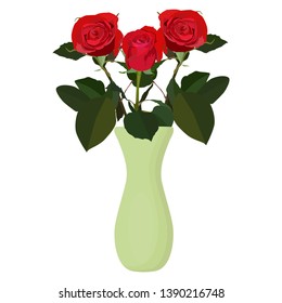 Bouquet of red roses in vase, vector flat isolated illustration. Beautiful flowers for greeting card, invitation, poster, banner.